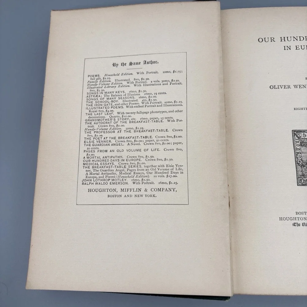 1887 OLIVER‎ WENDELL HOLMES ONE HUNDRED DAYS IN EUROPE HC Riverside Press